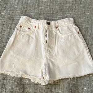 & Other Storie High-Rise White Denim Shorts with Frayed Hem